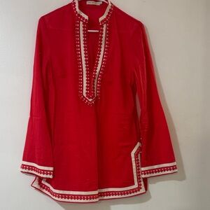Tory Burch Red and White Embroidered Tunic